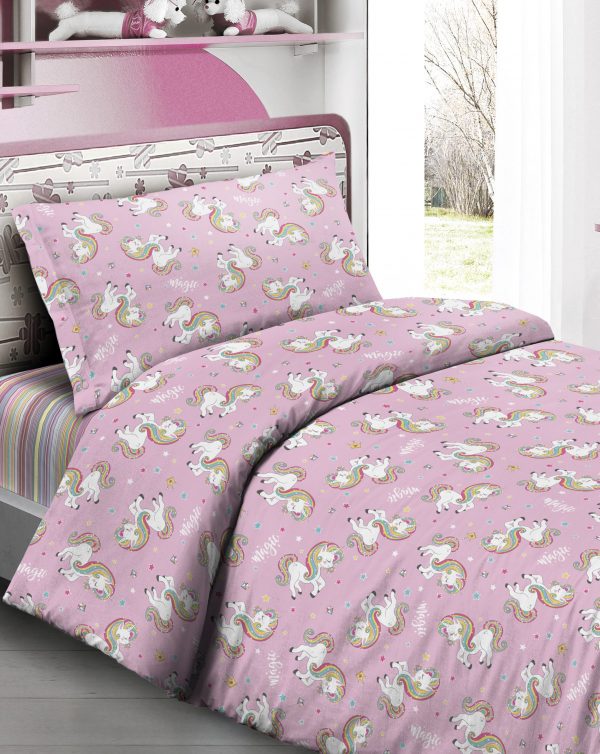 Parure Copripiumino 100% puro cotone una piazza e mezza mod. Unicorno rosa