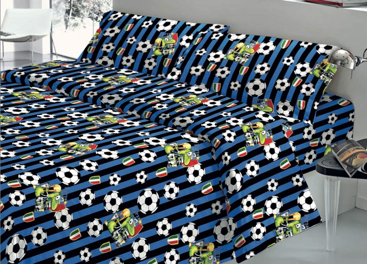 Completo Lenzuola per letto 100% puro Cotone made in Italy una piazza  Squadre Calcio nero blu