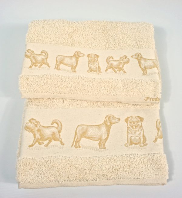 2 Salviette e 2 Ospiti, asciugamani in spugna 100% Cagnolini Beige made in Italy