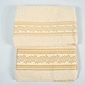 2 Salviette e 2 Ospiti, asciugamani in spugna 100% Roselline Beige made in Italy
