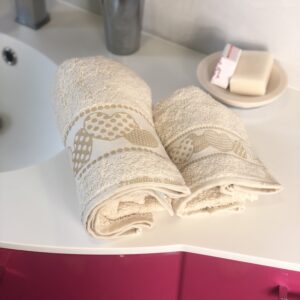 2 Salviette e 2 Ospiti, asciugamani in spugna 100% Cuoricini Beige made in Italy