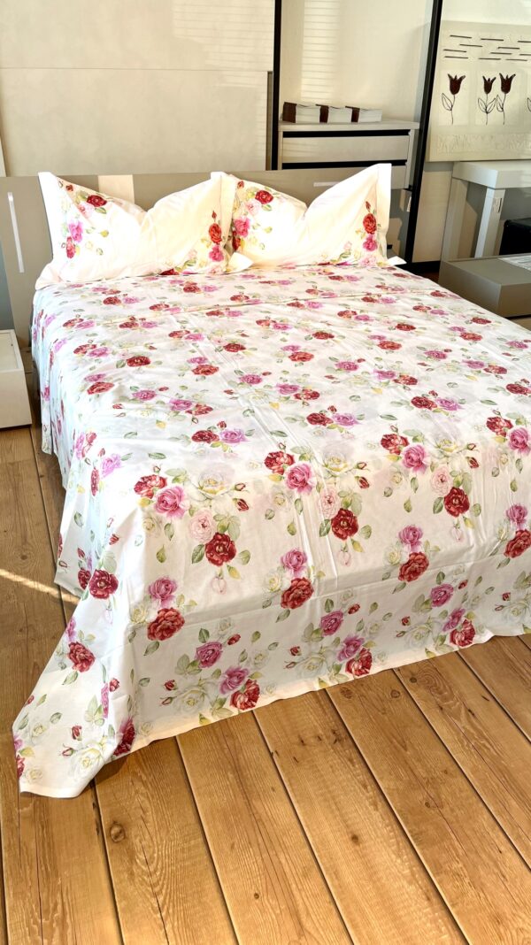 Completo Lenzuola per letto 100% puro Cotone made in Italy matrimoniale Roseto Rosso