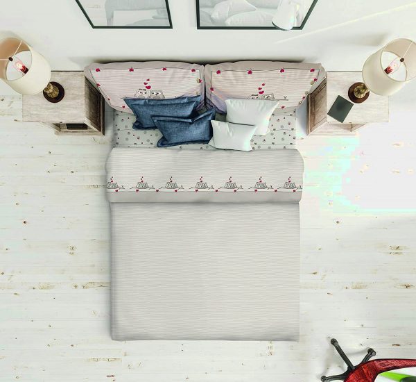 Completo Lenzuola per letto 100% puro Cotone made in Italy una piazza e mezza Gufi Lilla