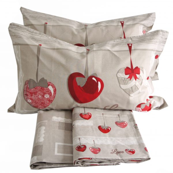 Completo Lenzuola per letto 100% puro Cotone made in Italy matrimoniale Cuori Appesi