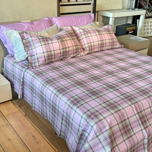 Completo Lenzuola per letto 100% puro Cotone made in Italy una piazza e mezza Kilt Lilla scozzese
