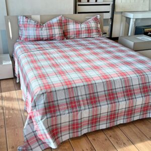 Completo Lenzuola per letto 100% puro Cotone made in Italy matrimoniale Kilt Grigio e Rosso scozzese