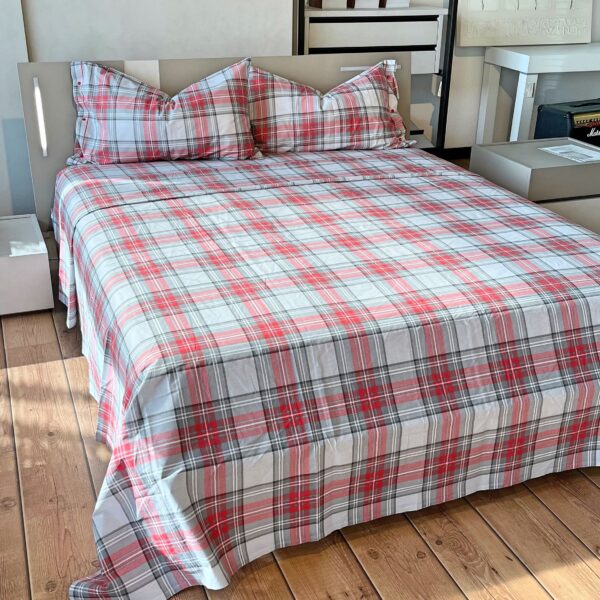 Completo Lenzuola per letto 100% puro Cotone made in Italy matrimoniale Kilt Grigio e Rosso scozzese