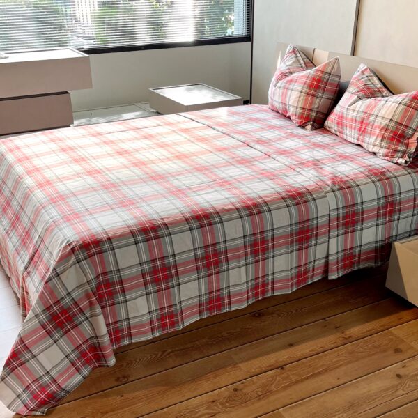 Completo Lenzuola per letto 100% puro Cotone made in Italy matrimoniale Kilt Grigio e Rosso scozzese