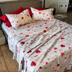 Completo Lenzuola per letto 100% puro Cotone matrimoniale Cuoricini Grigio