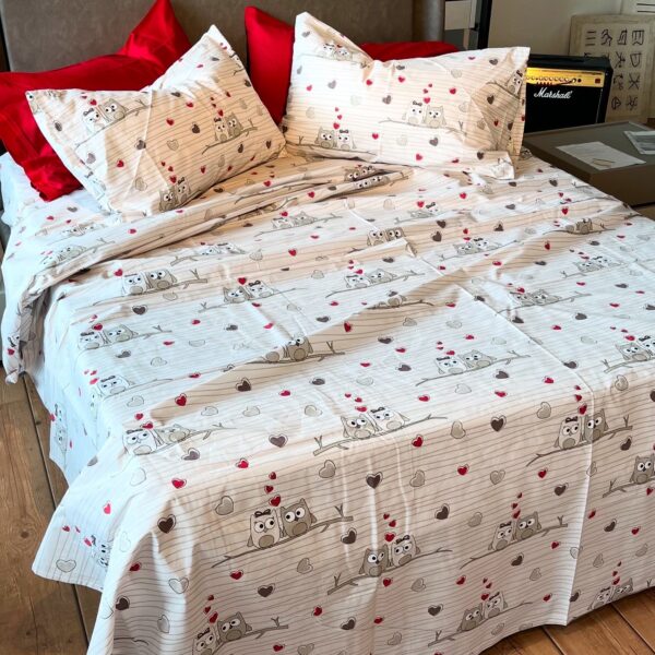 Completo Lenzuola per letto 100% puro Cotone matrimoniale Gufi Innamorati