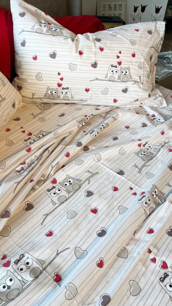 Completo Lenzuola per letto 100% puro Cotone matrimoniale Gufi Innamorati