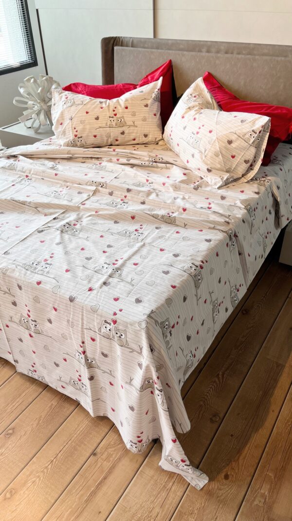 Completo Lenzuola per letto 100% puro Cotone matrimoniale Gufi Innamorati