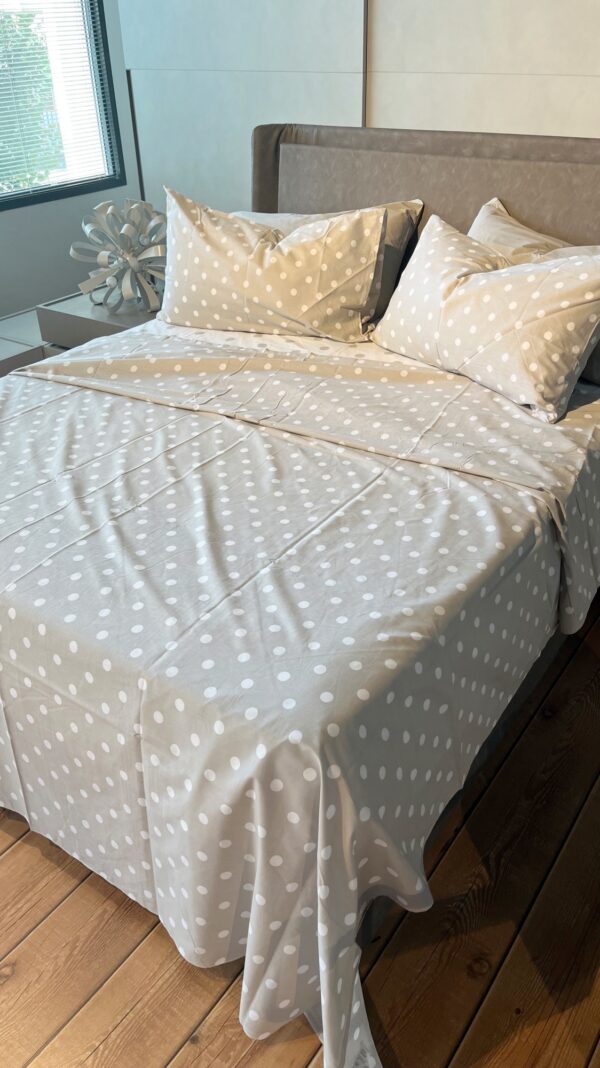Completo Lenzuola per letto 100% puro Cotone matrimoniale Pois beige