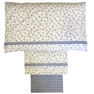 Completo Lenzuola per letto 100% puro Cotone matrimoniale CUORICINI CELESTE