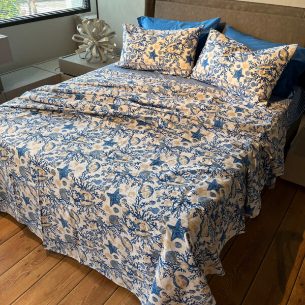 Completo Lenzuola per letto 100% puro Cotone matrimoniale CORALLI BLU Completo Lenzuola per letto 100% puro Cotone matrimoniale CORALLI BLU
