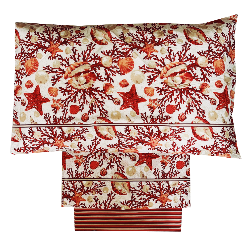 Completo Lenzuola per letto 100% puro Cotone matrimoniale CORALLI ROSSO Completo Lenzuola per letto 100% puro Cotone matrimoniale CORALLI ROSSO