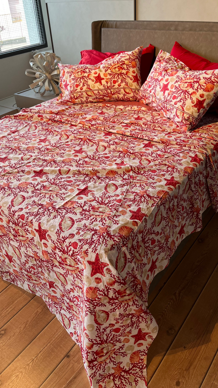 Completo Lenzuola per letto 100% puro Cotone matrimoniale CORALLI ROSSO Completo Lenzuola per letto 100% puro Cotone matrimoniale CORALLI ROSSO
