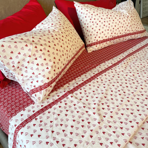 Completo Lenzuola per letto 100% puro Cotone matrimoniale CUORICINI ROSSO