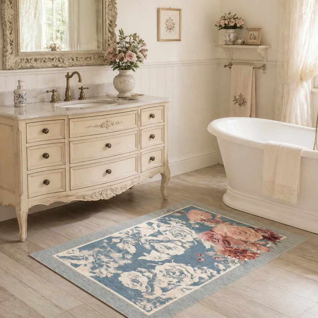 Tappeto e passatoia ciniglia lavabile antiscivolo ROSE AZZURRO Tappeto e passatoia ciniglia lavabile antiscivolo ROSE AZZURRO